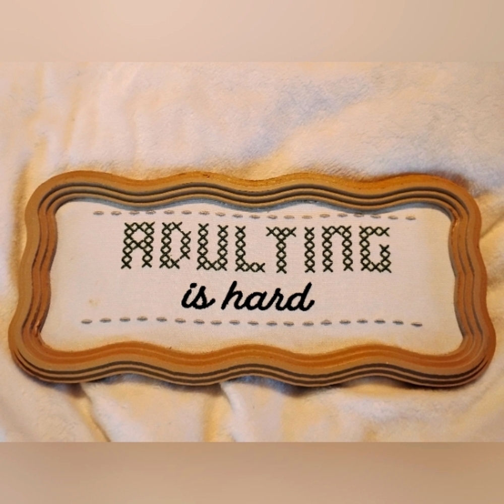 🐰🎉Adulting is hard framed cross stitch wall plaque